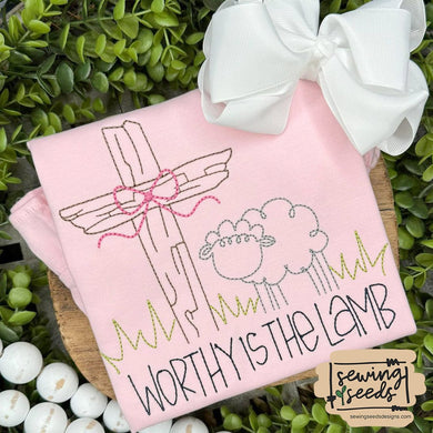 Worthy is the Lamb GIRL Cross with Bow Embroidery SS - Sewing Seeds